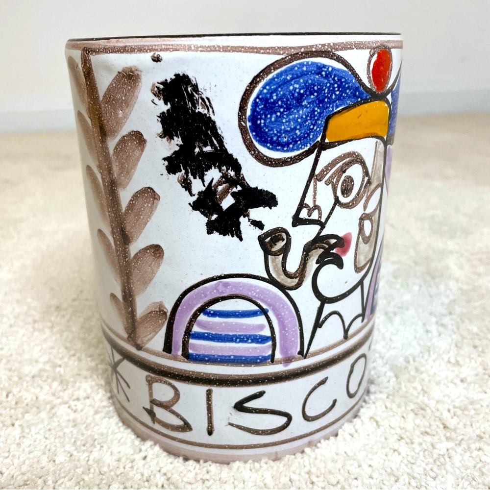 DeSimone Italy Pottery Biscotti Jar Man Fish Signed Vase Container Vintage 1965